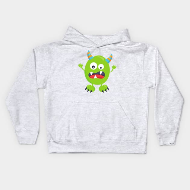 Cute Monster, Green Monster, Funny Monster, Horns Kids Hoodie by Jelena Dunčević